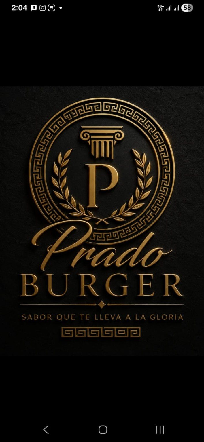 Logo de Prado Burger: columna griega, P y laureles dorados
